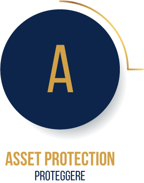 Icona con lettera A maiuscola dorata su cerchio blu e scritta ASSET PROTECTION PROTEGGERE