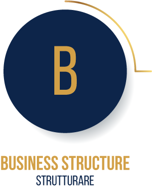Icona con cerchio blu e lettera B dorata, scritta Business Structure e Strutturare