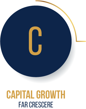 Icona con lettera C dorata su cerchio blu e scritta Capital Growth – Far Crescere.