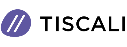 Logo Tiscali con simbolo viola a forma di due barre bianche inclinate e scritta nera in maiuscolo